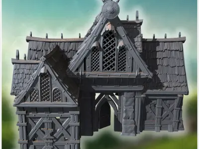 Expansive guild hall featuring decorative woodwork stone foundat 3D print model
