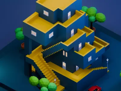 Brutalist Isometric House - Low Poly Game Ready Low-poly 3D model