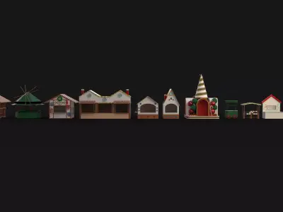 11 Piece Christmas buildings markets and stands Low-poly 3D model