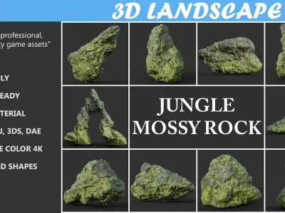 Low poly Damaged Jungle Mossy Rock Low-poly 3D model