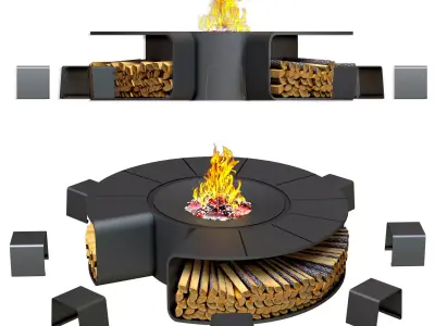 Fireplace circular fire pit with chairs 3D model