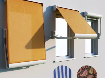 Sunblind three window awnings with checkered pattern 3D model