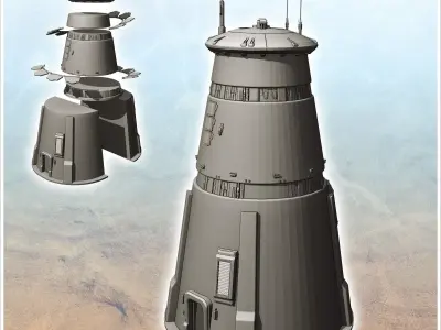 Futuristic round cone tower with roof antennas and air vents 4 - 3D print model