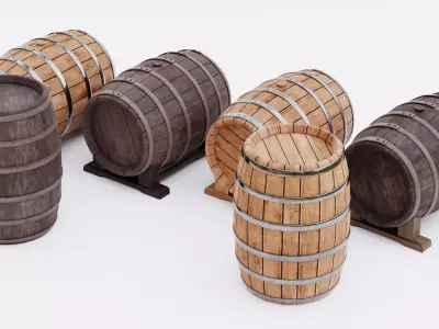 6 Wine Barrels - Oak and Dark Casks with Stands and Spigots  Low-poly 3D model