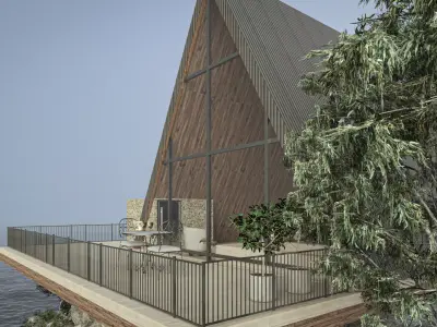 Frame Bungalow Cabin with Interior  Exterior Scene Low-poly 3D model