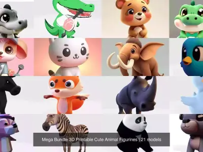 Mega Bundle 3D Printable 21 Cute Animal Figurines 3D Model Pack