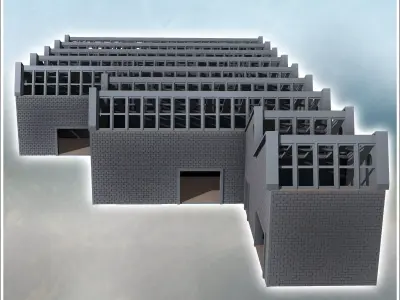 Large modern factory with glazed shed roof multiple accesses and 3D print model