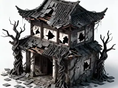 Stylized Spooky Ruined Chinese House 3D Model Low-poly 3D model