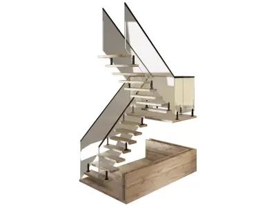 Wooden staircase with glass railing 3D model