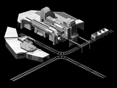 Mining-excavation-site train station with tracks and buildings 3D model