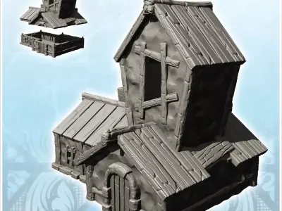 Medieval house with wooden roof and central tower with window 12 3D print model