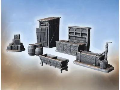 Collection of farm tools and items including crates barrels pump 3D print model