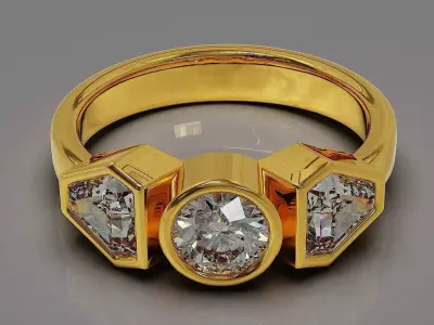 Bezel set round and calf shape diamonds three stone ring Free 3D print model