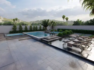 Modern Villa Courtyard with Pools Jacuzzi Pergola Low-poly 3D model