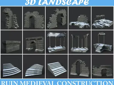 Low poly Ancient Roman Ruin Construction Pack - Snow Winter Low-poly 3D model