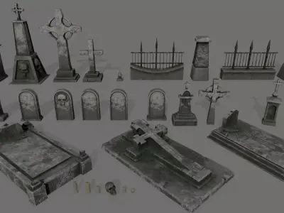 tombstone set two tombstones with skull and crossbones Low-poly 3D model