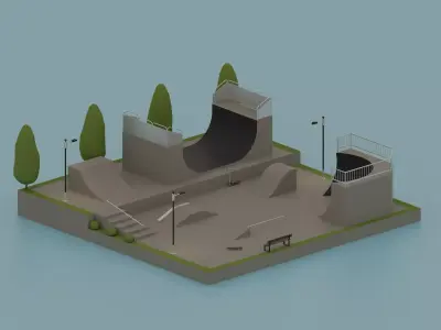 Skatepark set of stairs with railing Low-poly 3D model