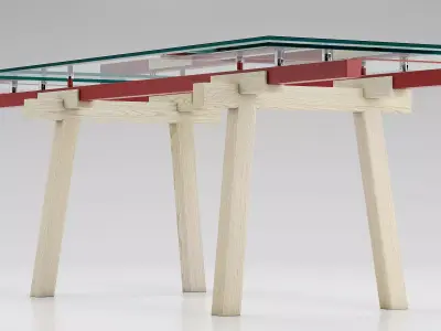 Tracks table with glass top and wooden legs 3D model