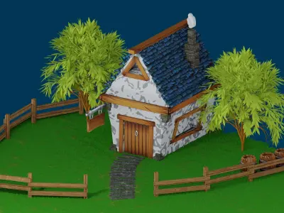 House on a cliff with a wooden fence 3D model