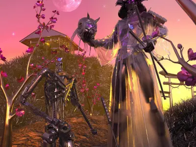 CyberRonin two skeletons in field with flowers 3D model