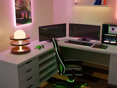 Isometric Gaming Room - Stylized RGB PC Setup 3D model
