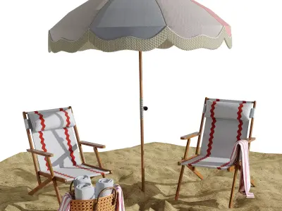 Beach umbrella and chaise longue set 10 3D model