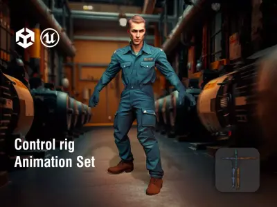Industrial Mechanic Character in Blue Coveralls Low-poly 3D model