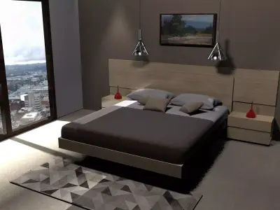 bedroom with bed and city 3D model