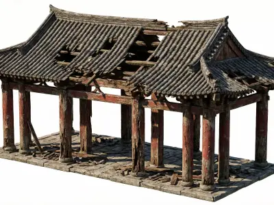 Ruined Ancient Asian Temple 3D Model - Abandoned Pavilion Low-poly 3D model