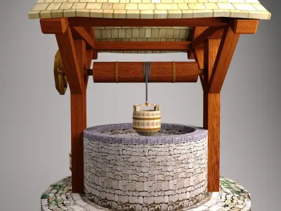 Low poly WELL water fountain with wooden roof Free low-poly 3D model