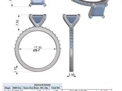 Asscher Cut Pave Solitaire Ring 3D STL Model 3D print model