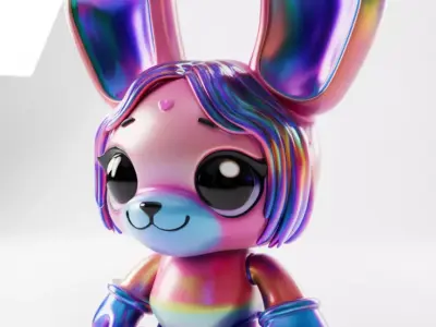 Rainbow Bunny 3D Iridescent Character Big Eyes Heart Mark Low-poly 3D model
