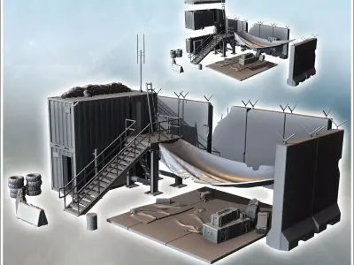 Vehicle repair center with container workshops and concrete wall 3D print model