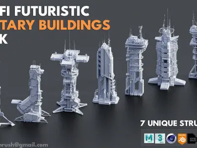 115 Sci-fi Buildings KITBASH parts and 7 Unique Sci-fi BUILDINGS 3D Model Pack