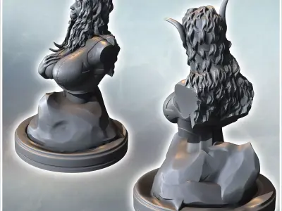 Bust of a crouching female creature with long hair and antennae  3D print model