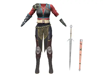 Medieval Warrior Outfit Top Gloves Pants Boots Sword Low-poly 3D model