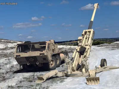  Military Oshkosh HEMTT with Artillery M777 Howitzer Rigged for Maya 