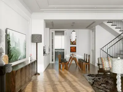 Living Room and Kitchen with Dinning Set Low-poly-135 Low-poly 3D model