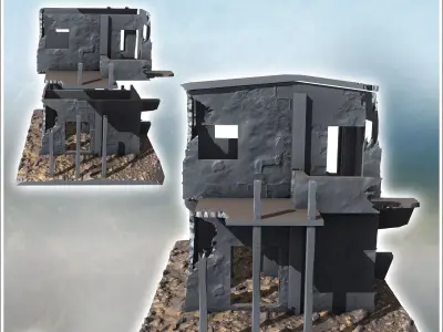 Ruined modern building with external stairs and demolished terra 3D print model