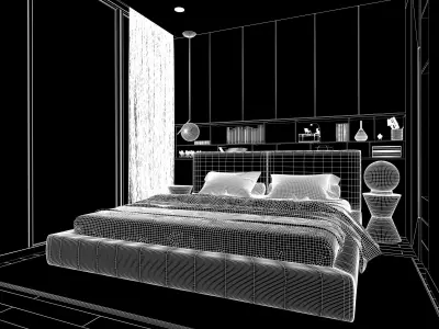 Bedroom Modern With Wood Floors And Window 3D Model 3D model