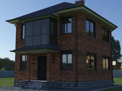 House 3 brick on grassy field 3D model