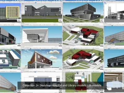 Collection 24 Sketchup Hospital and Library models 3D Model Pack
