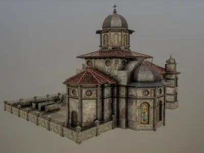 Old Church with GraveYard Low-poly 3D model