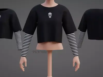 Y2K Grunge Crop top - Goth Stripes Long Sleeve 2piece punk shirt Low-poly 3D model