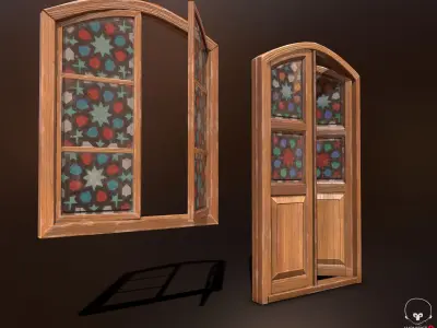 Old Wooden Door and Window Low poly PBR  Low-poly 3D model