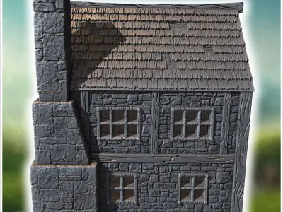 Two-story medieval house with wooden beams stone walls and a lar 3D print model