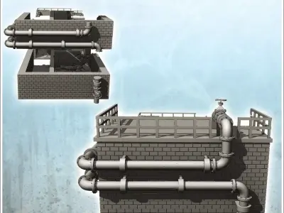 Brick industrial building with staircase and piping ruined versi 3D print model