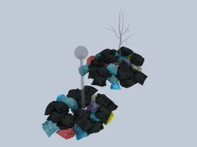 Garbage Bags Pile Around streetlight 3D model