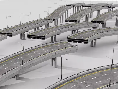 Modular highway interchanges and urban elevated roads Low-poly 3D model