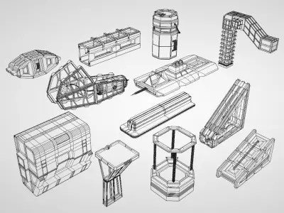 Sci-Fi Kitbash Building Dressing Pack 12 Low Poly 3D Models Low-poly 3D model